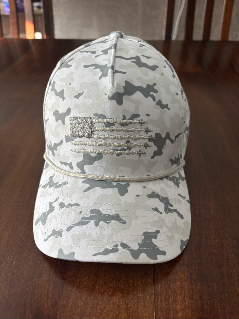Birdie Boss White & Gray Camo Trucker Hat with Embroidered Flag